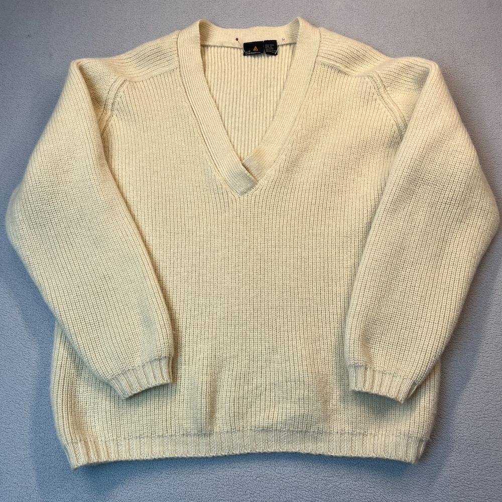 Vintage Liz Claiborne 100% Wool Sweater Womens L Ivory V Neck Quiet Lux 90s